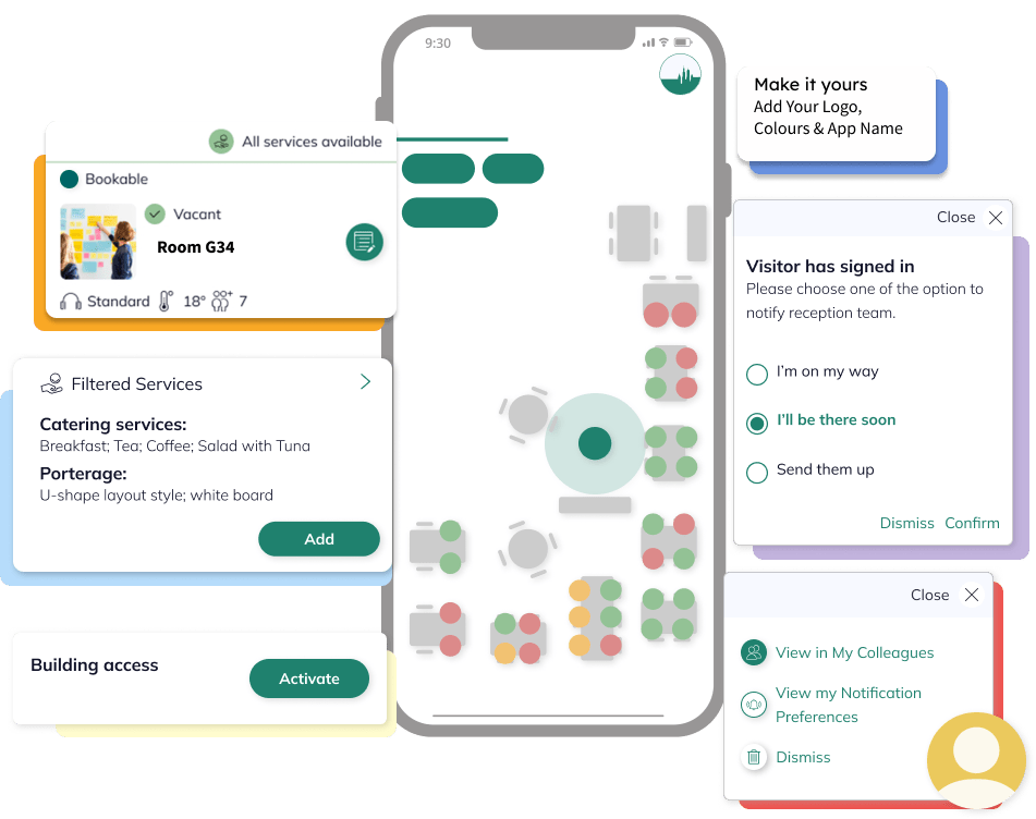 GemEx Employee Experience App - Book Room view, Building Services view, Visitor notification view, make it yours, add logo, colours and name